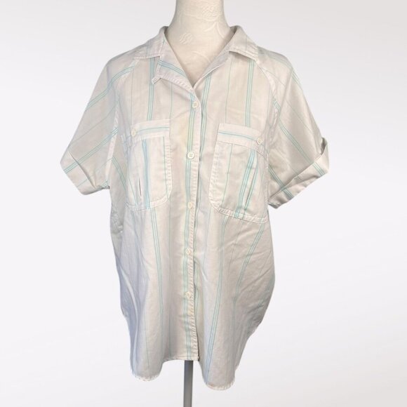 VTG Apricot Bay Short Sleeve Button-Up Shirt Front Pockets Pinstripe Size Large - Picture 1 of 10